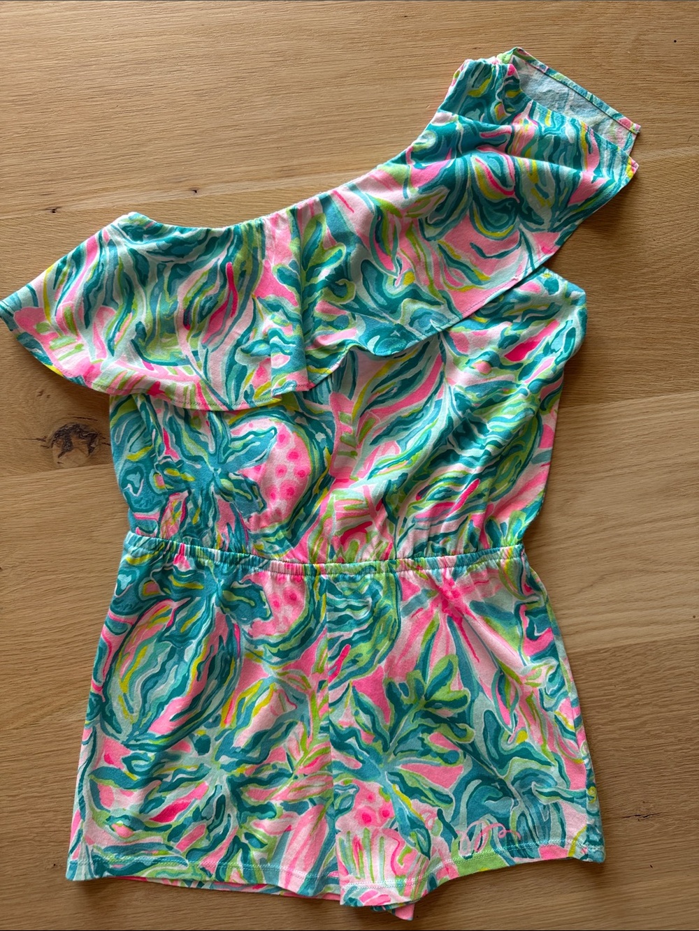 Lilly Pulitzer Girls One-Shoulder Romper in Pink, Teal & Green Floral